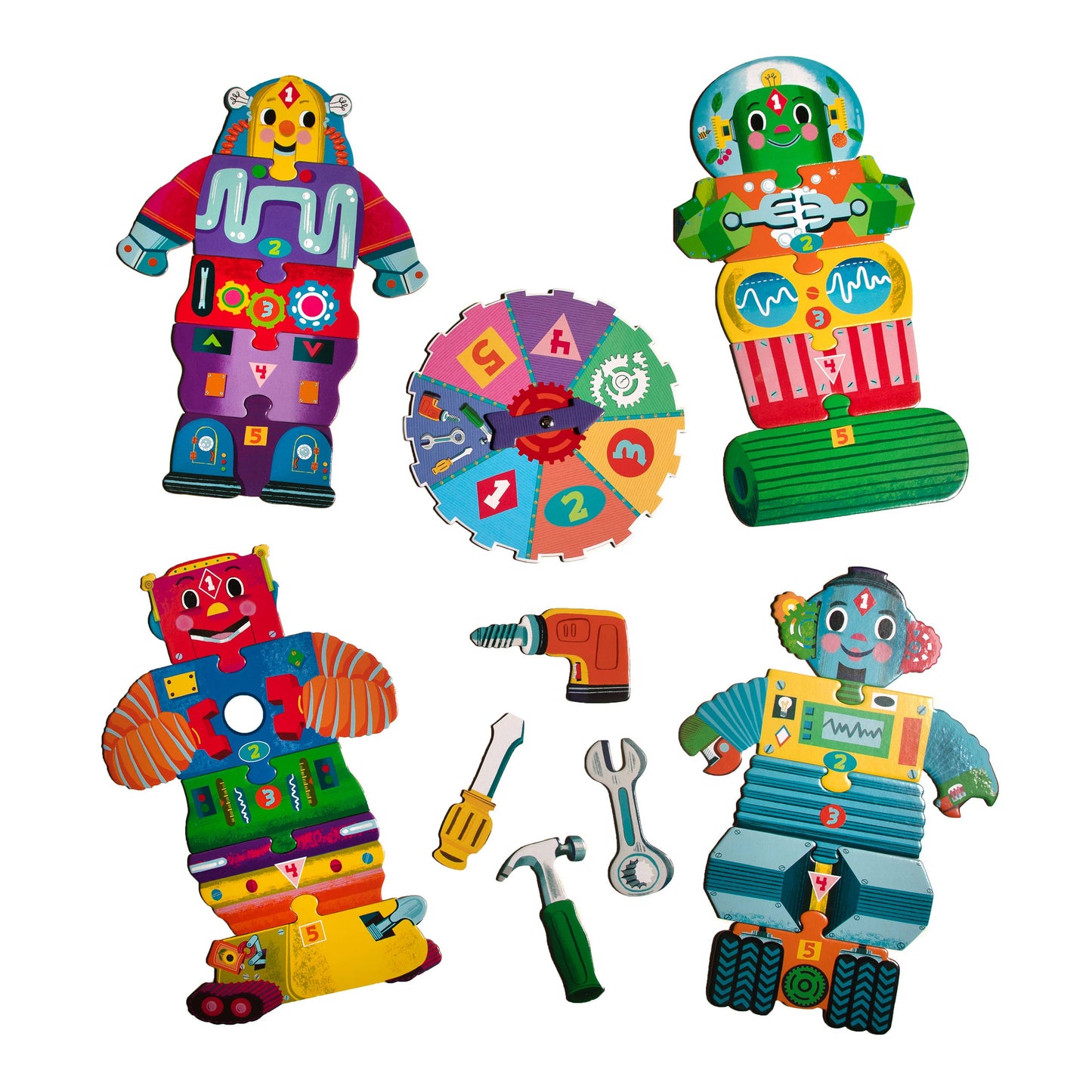 Set of colorful toy robots and tools on a white background