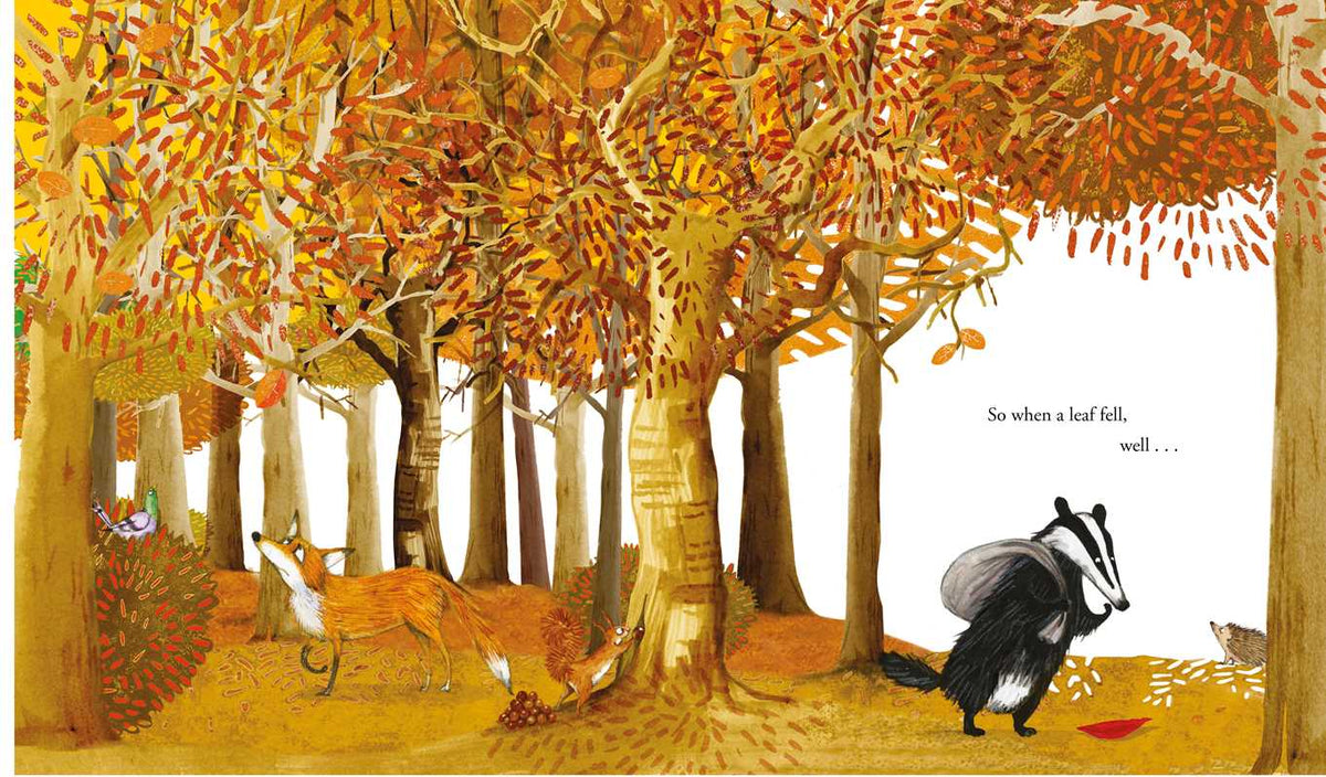 Illustration of a forest scene with animals and autumn trees.