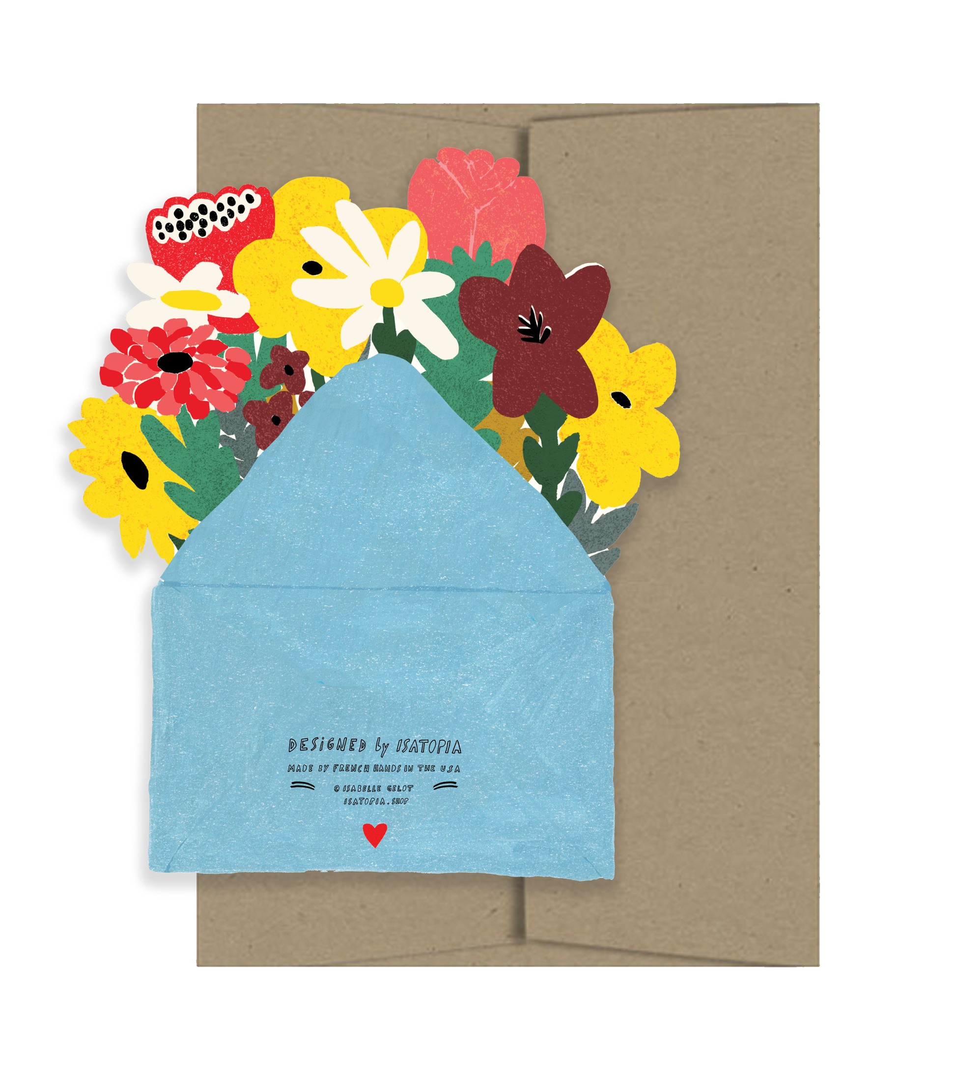 Greeting card with colorful floral design on the front and blue envelope inside, on a white background.