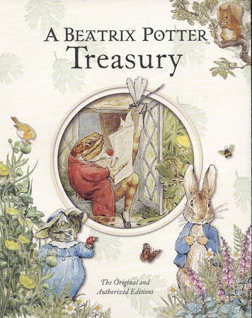 Book cover of 'A Beatrix Potter Treasury' with illustrations of characters and nature.