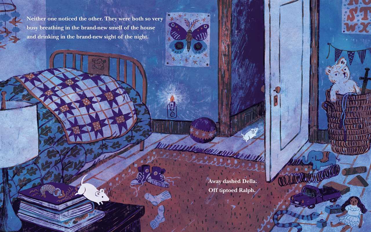 Illustrated children's book page with a bedroom scene, characters, and text.