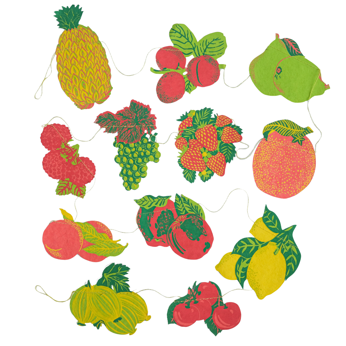 Decorative string with colorful fruit-shaped cutouts on a white background