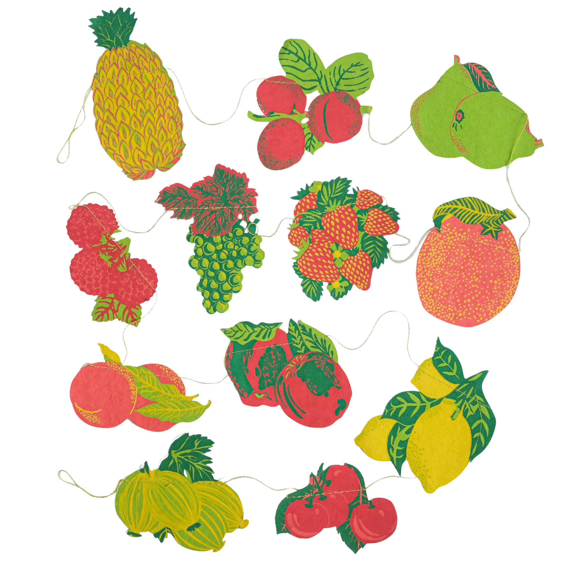 Decorative string with colorful fruit-shaped cutouts on a white background