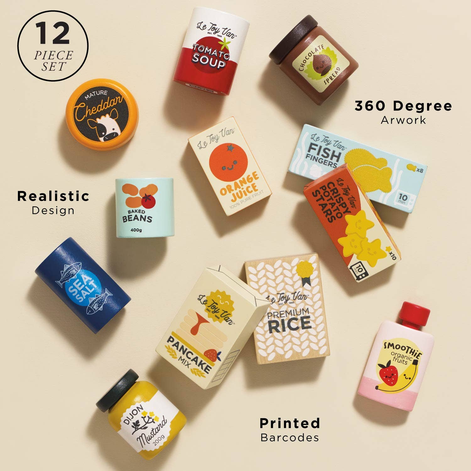 Set of play toy food packaging with labels on a beige background