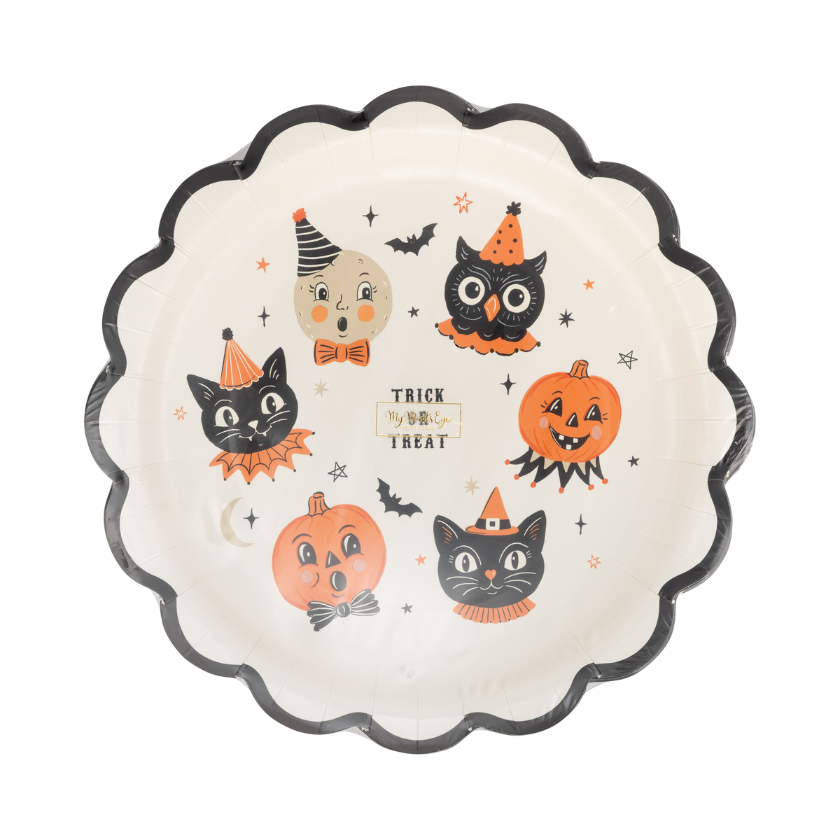 Halloween-themed decorative plate with cartoonish moon, owl, cats, and pumpkins on a white background.