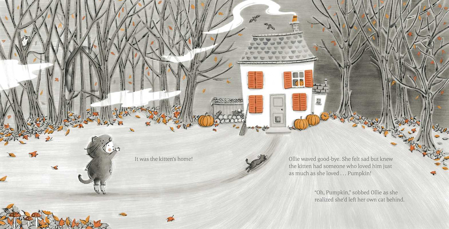 Illustration of a snowy landscape with a house and pumpkins, featuring text.
