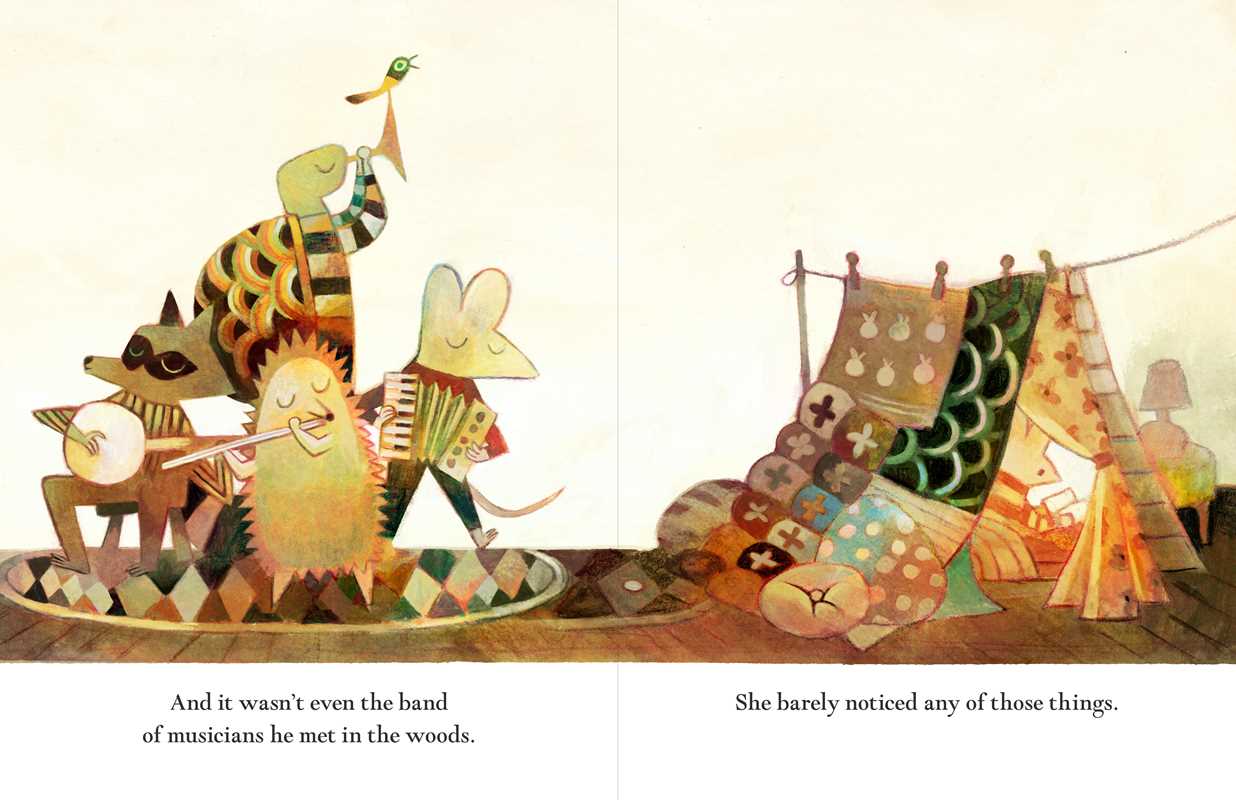 Illustrated book page with animal characters playing music and a tent in the background.