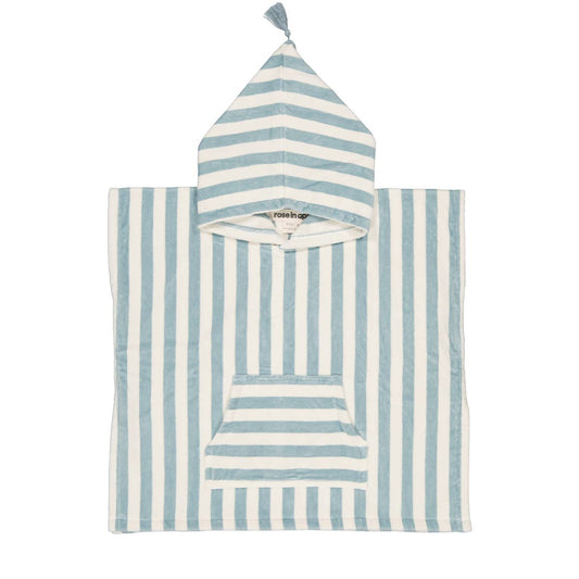 Blue and white striped hooded towel on a white background