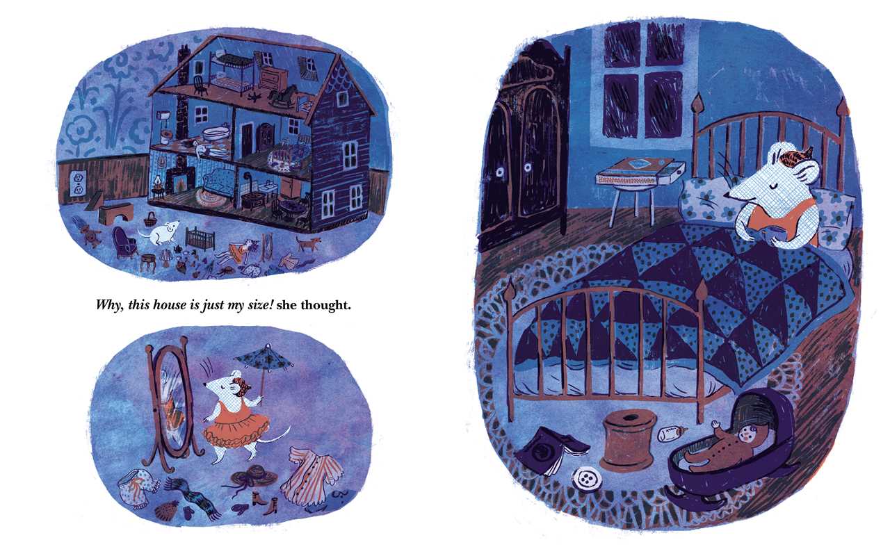 Illustrations of a mouse in a house with a blue color scheme.