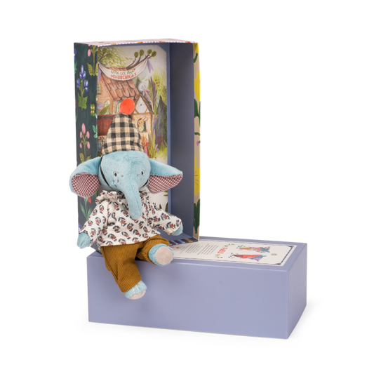 Stuffed elephant toy in a decorative box with a colorful interior