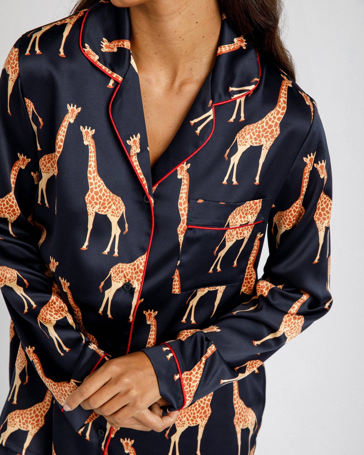 Satin Navy Giraffe Print Long Pajama Set