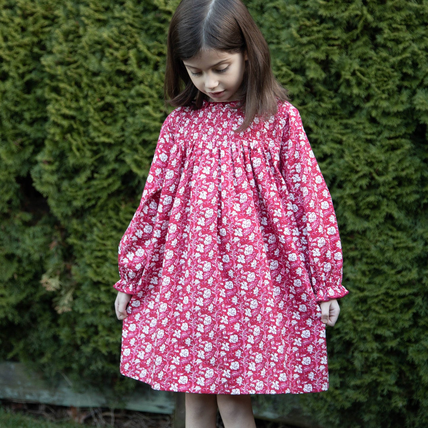 Girls' Smocked Long Sleeves Dress | Red and White Floral