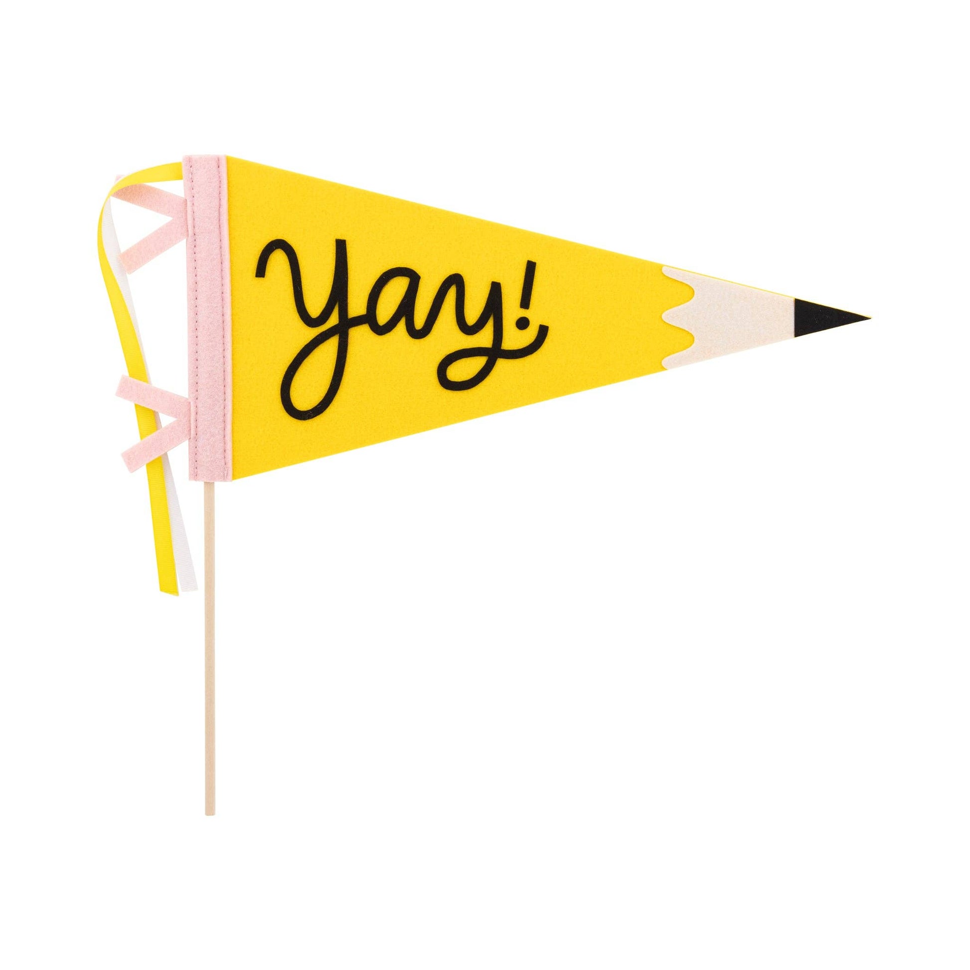 Yellow felt pennant that says "Yay!" on a white background