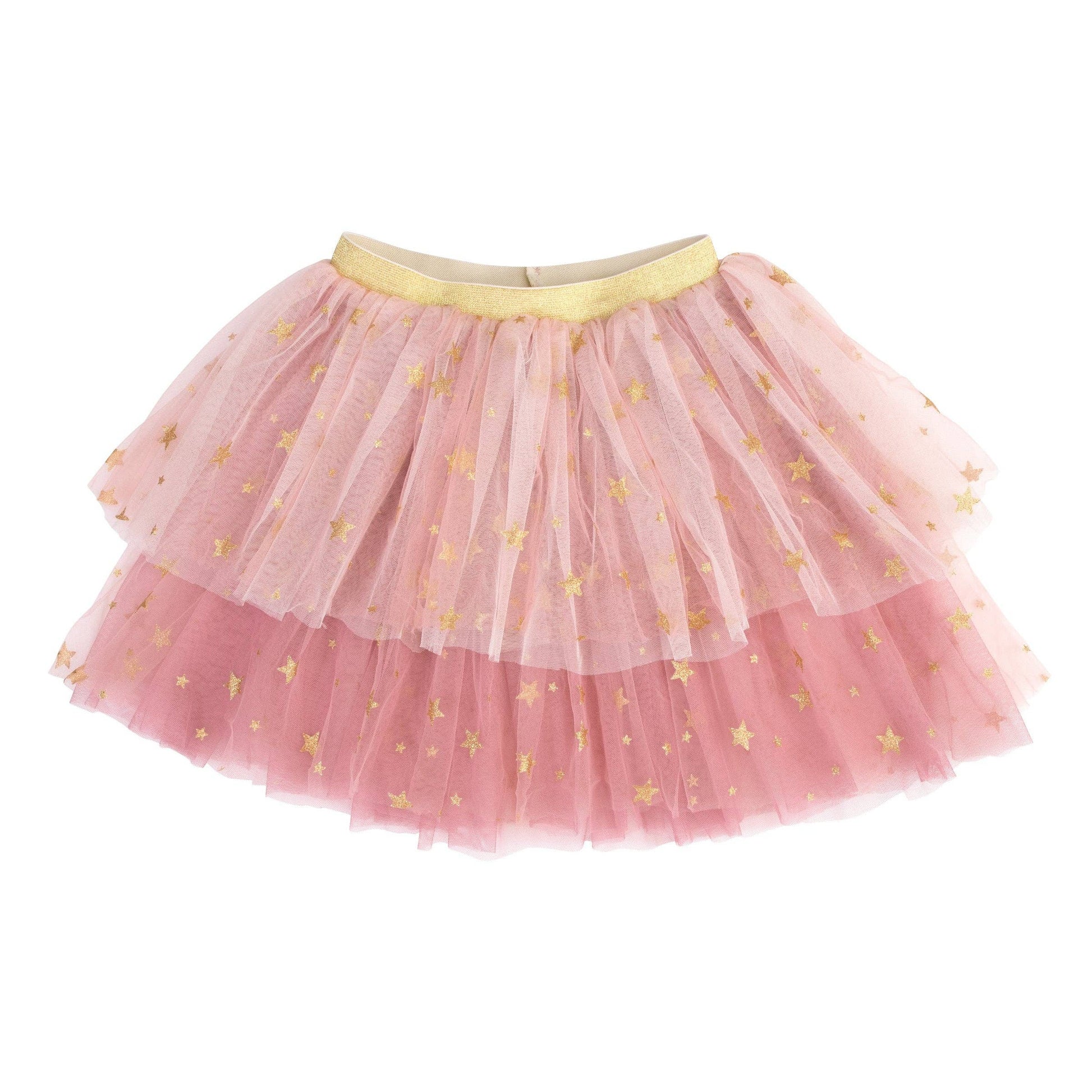 A pink tiered tulle tutu skirt with gold star patterns and a gold waistband, shown against a plain white background.