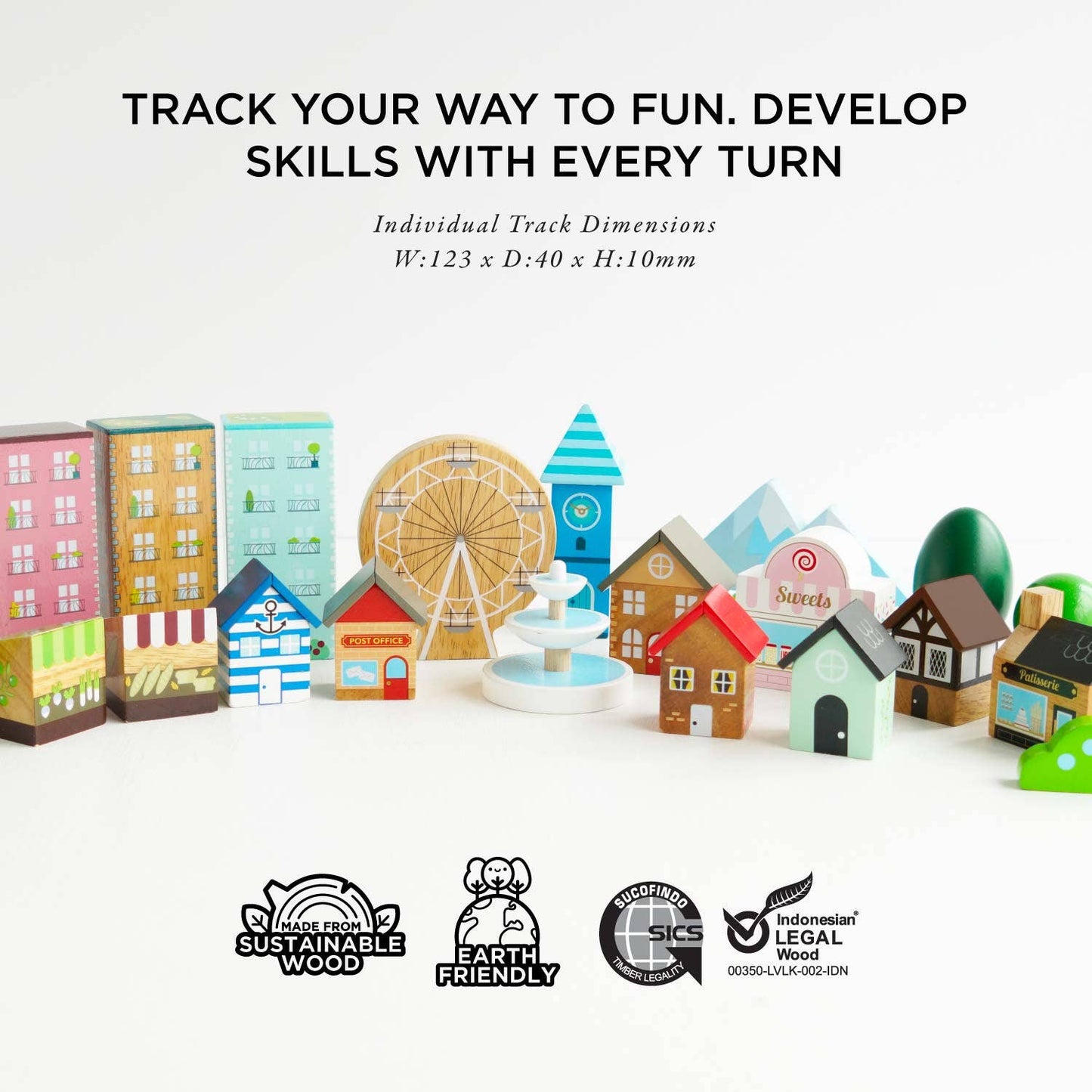 Small model buildings and structures on a white background with text about developing skills and track dimensions.
