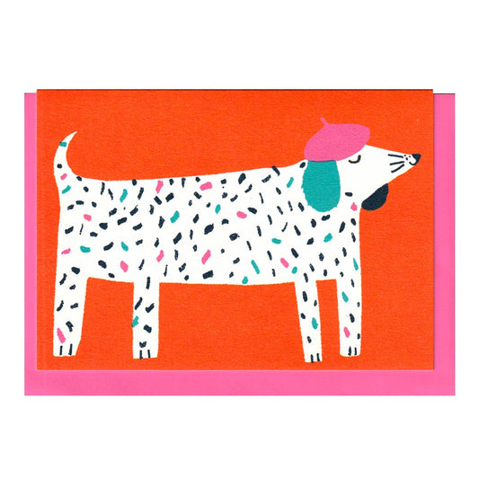 Illustration of a spotted dog with a pink beret on an orange background