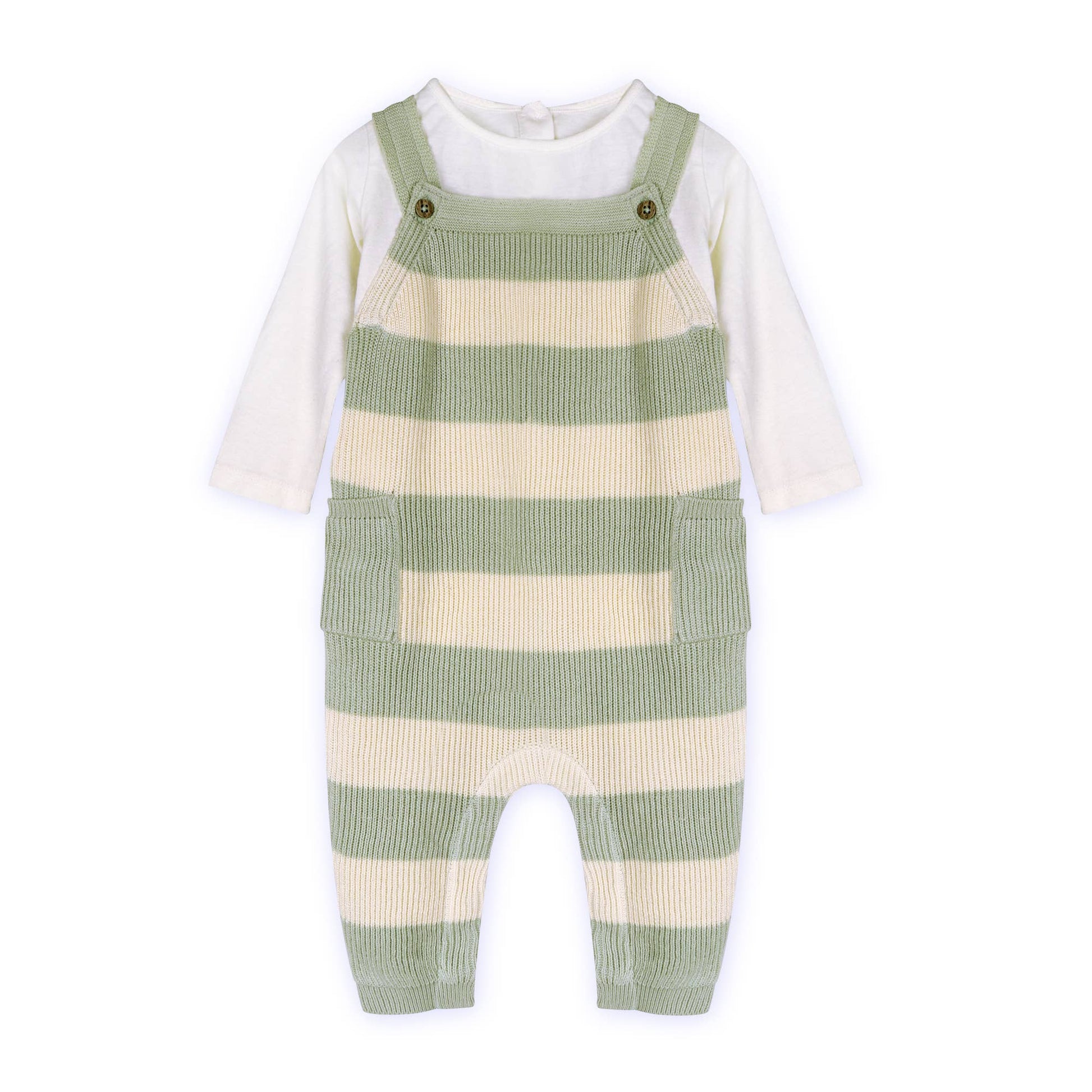 Green and white striped baby romper with a white shirt underneath on a white background