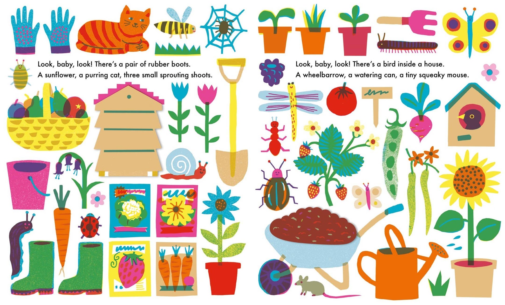 inside page of book with drawings of things in the garden