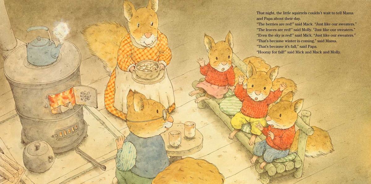 Vintage-style illustrated book page showing a family of rabbits in a cozy room, with one rabbit at a stove and several rabbits sitting on a bench nearby. A poem or story text appears on the right side.