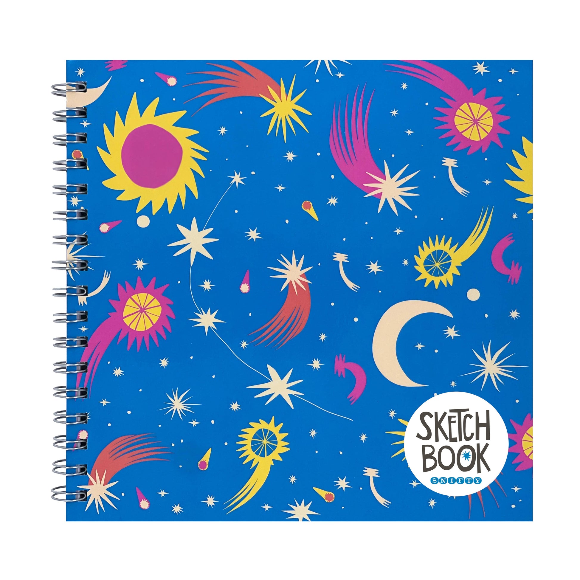 Sketchbook with celestial design on a blue background