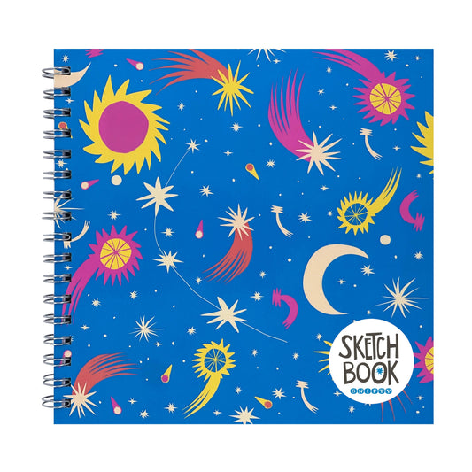 Sketchbook with celestial design on a blue background