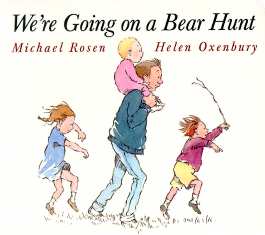 Book cover of 'We're Going on a Bear Hunt' with illustrations of children and a man.