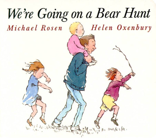 Book cover of 'We're Going on a Bear Hunt' with illustrations of children and a man.