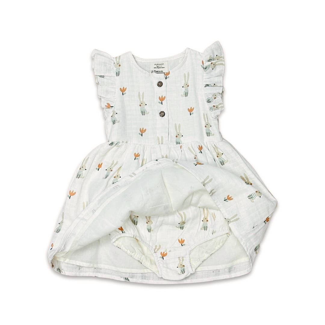 Bunny Ruffle & Button Flare Baby Dress+Bloomer (Organic)