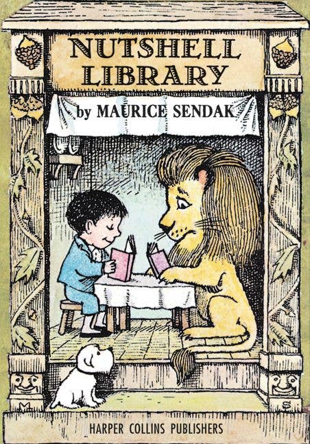 Book cover of 'The Nutshell Library' by Maurice Sendak featuring a boy, lion, and dog.