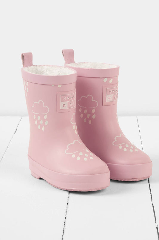 pink rainboots with cloud and raindrop pattern on a white background
