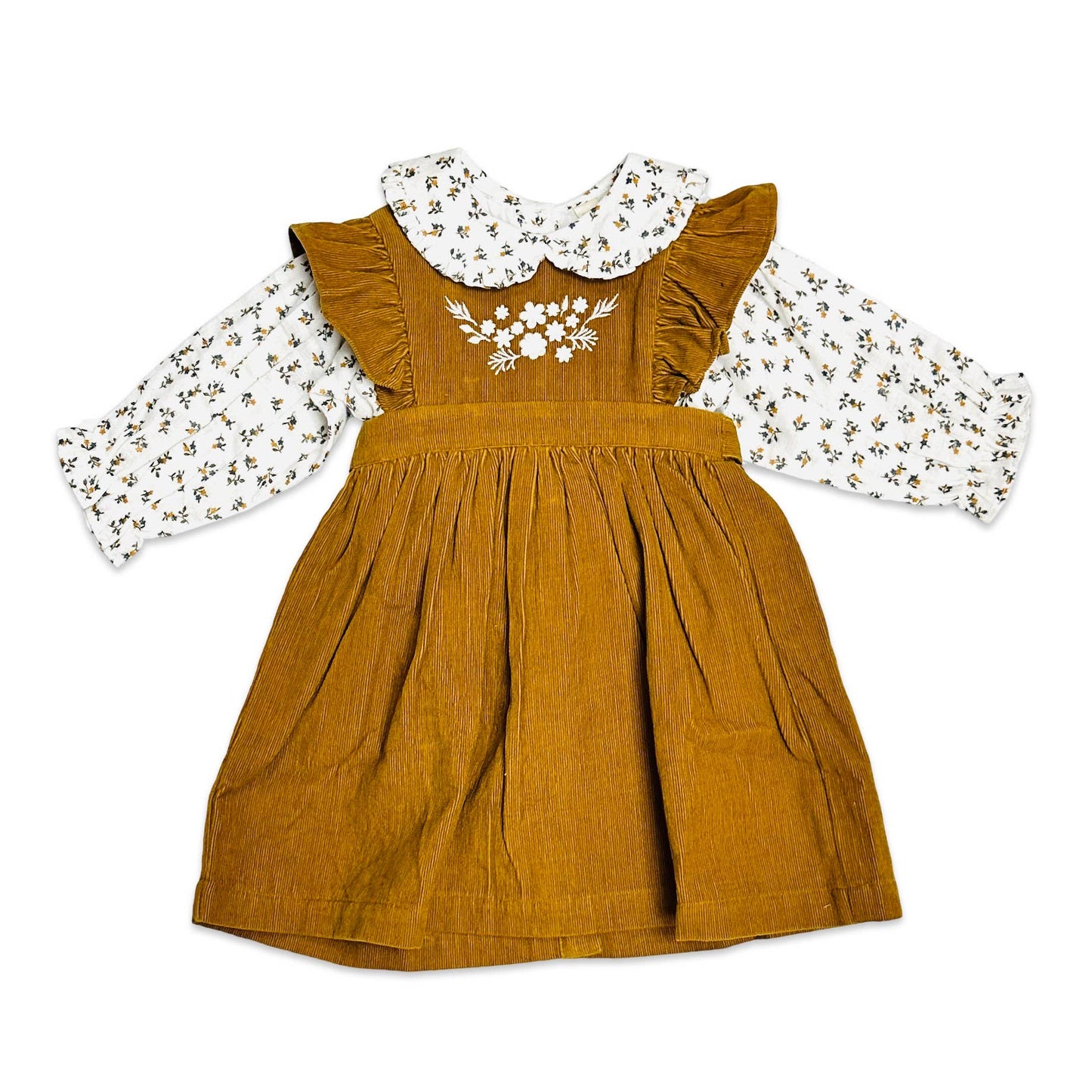 Corduroy Pinafore Baby Dress + Floral Shirt SET (Organic)