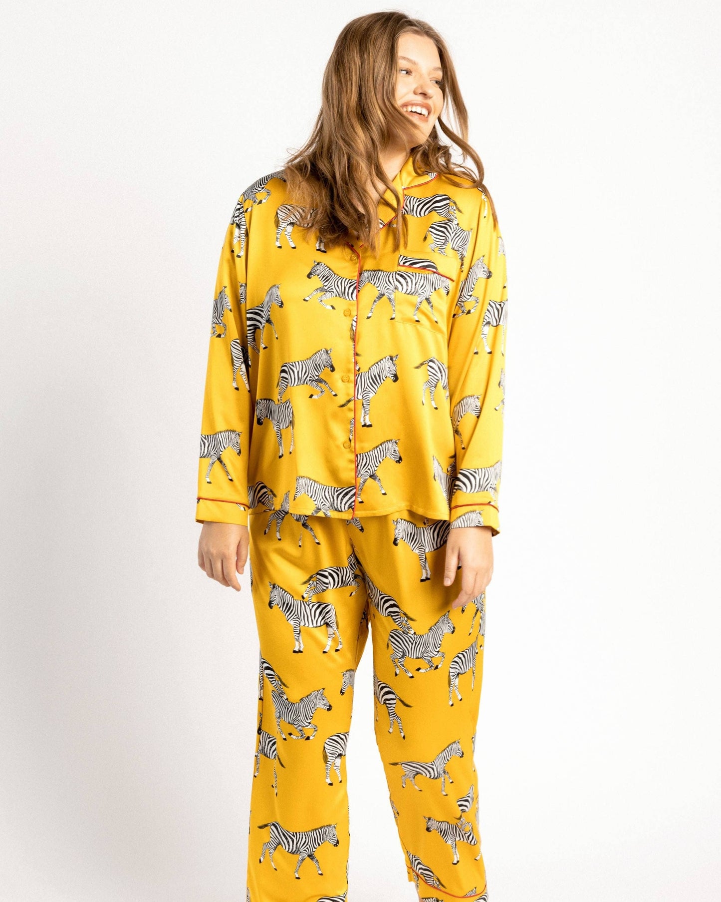 Satin Mustard Zebra Print Long Pajama Set