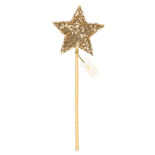 Glittering gold star-shaped fairy wand on a white background