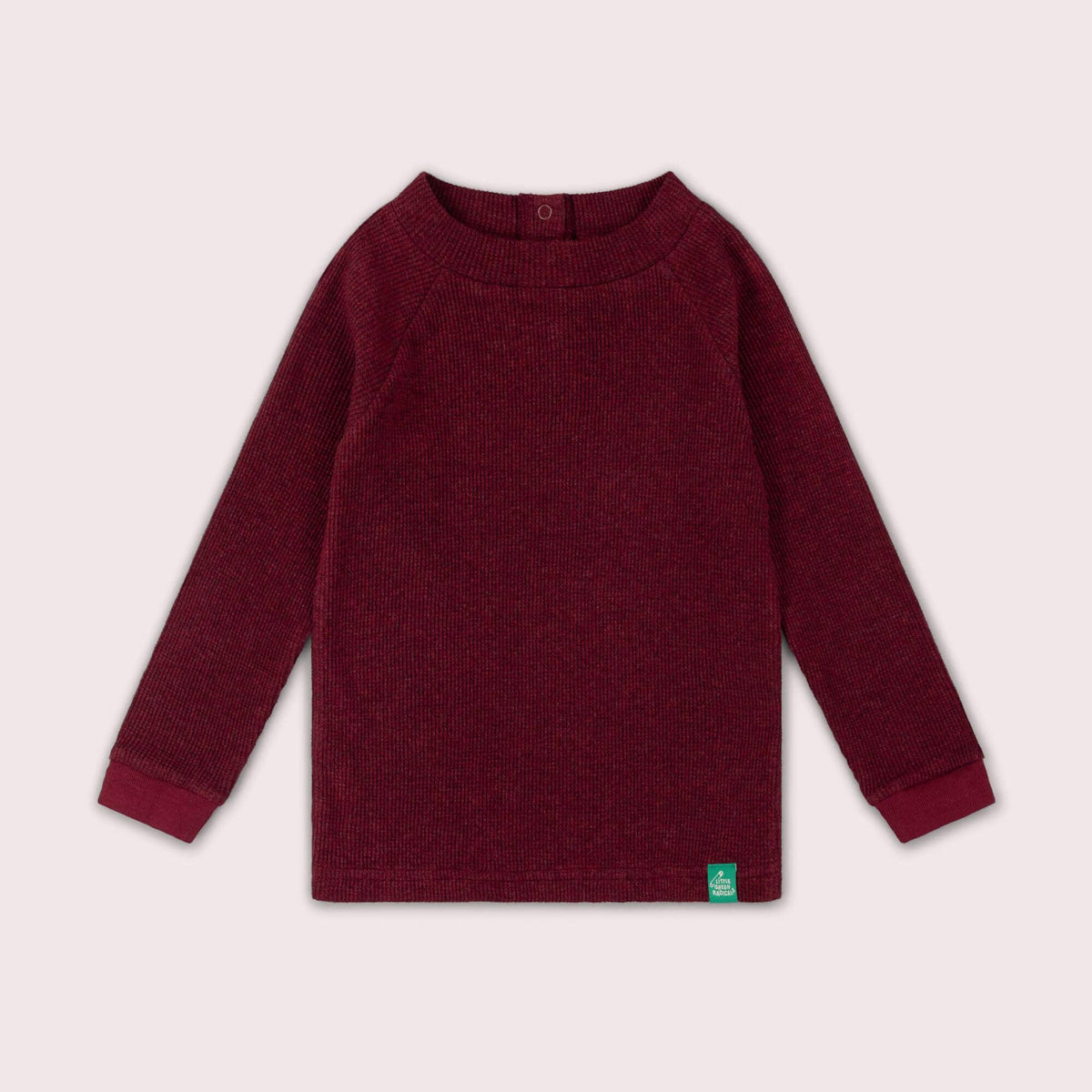 Burgundy waffle-textured long-sleeve top with a crew neckline.