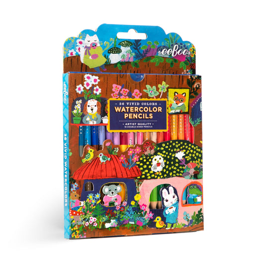 Pack of watercolor pencils with colorful packaging featuring cartoon characters and illustrations.