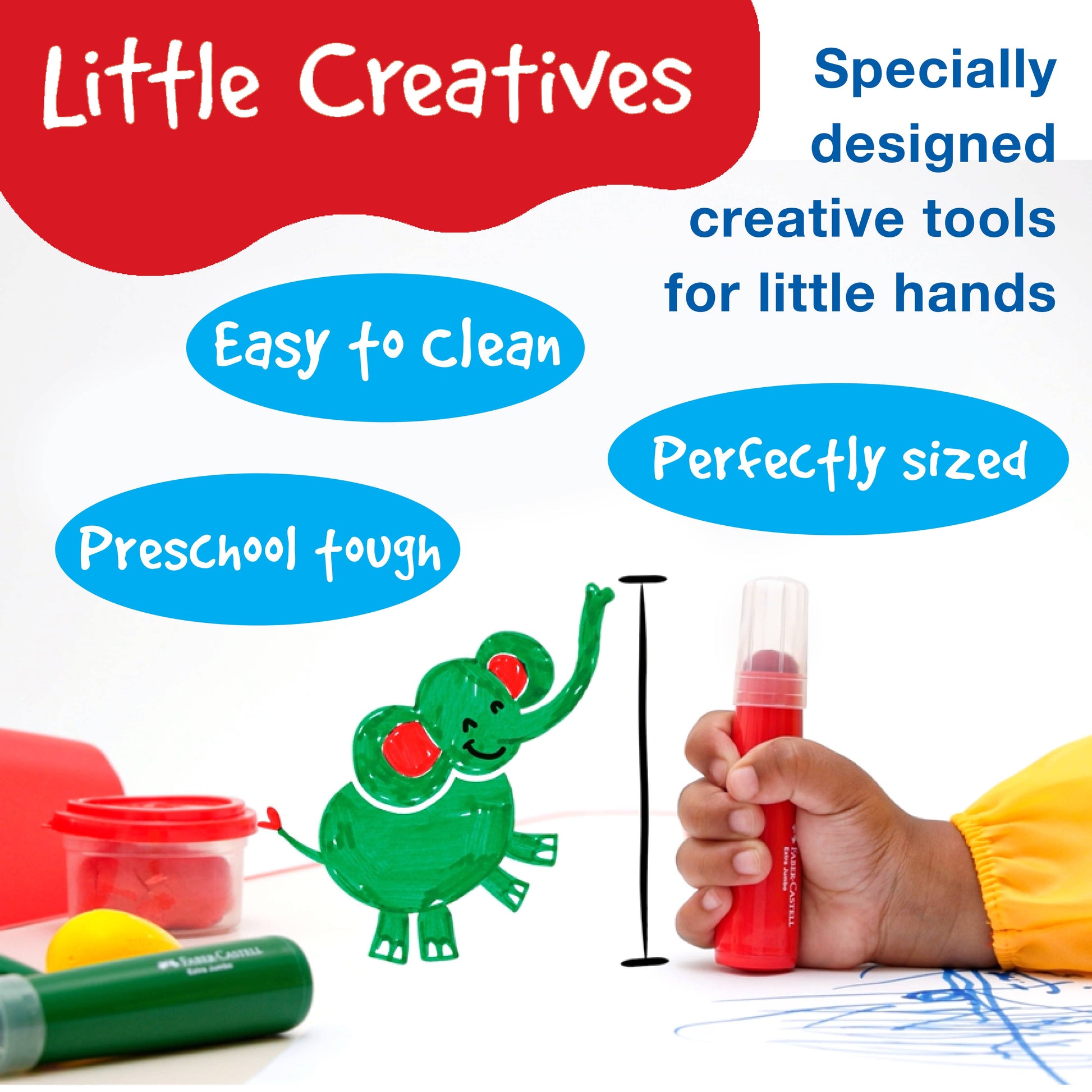 Promotional image of children's art tools with 'Little Creatives' branding and features.