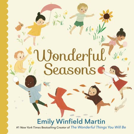 Book cover of 'Wonderful Seasons' by Emily Winfield Martin with illustrations of children playing outdoors.
