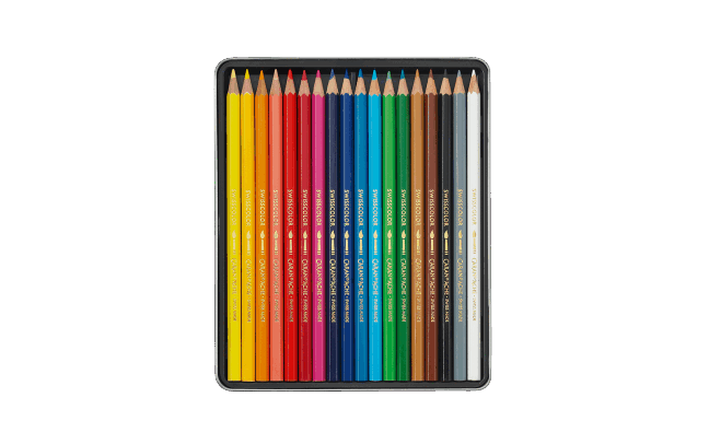 Set of colored pencils in a metal case on a gray background