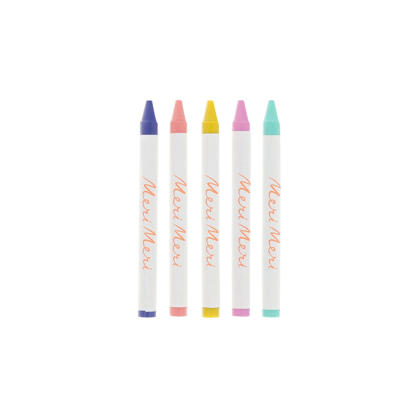 five crayons in blue, peach, yellow, pink, and turquoise on a white background