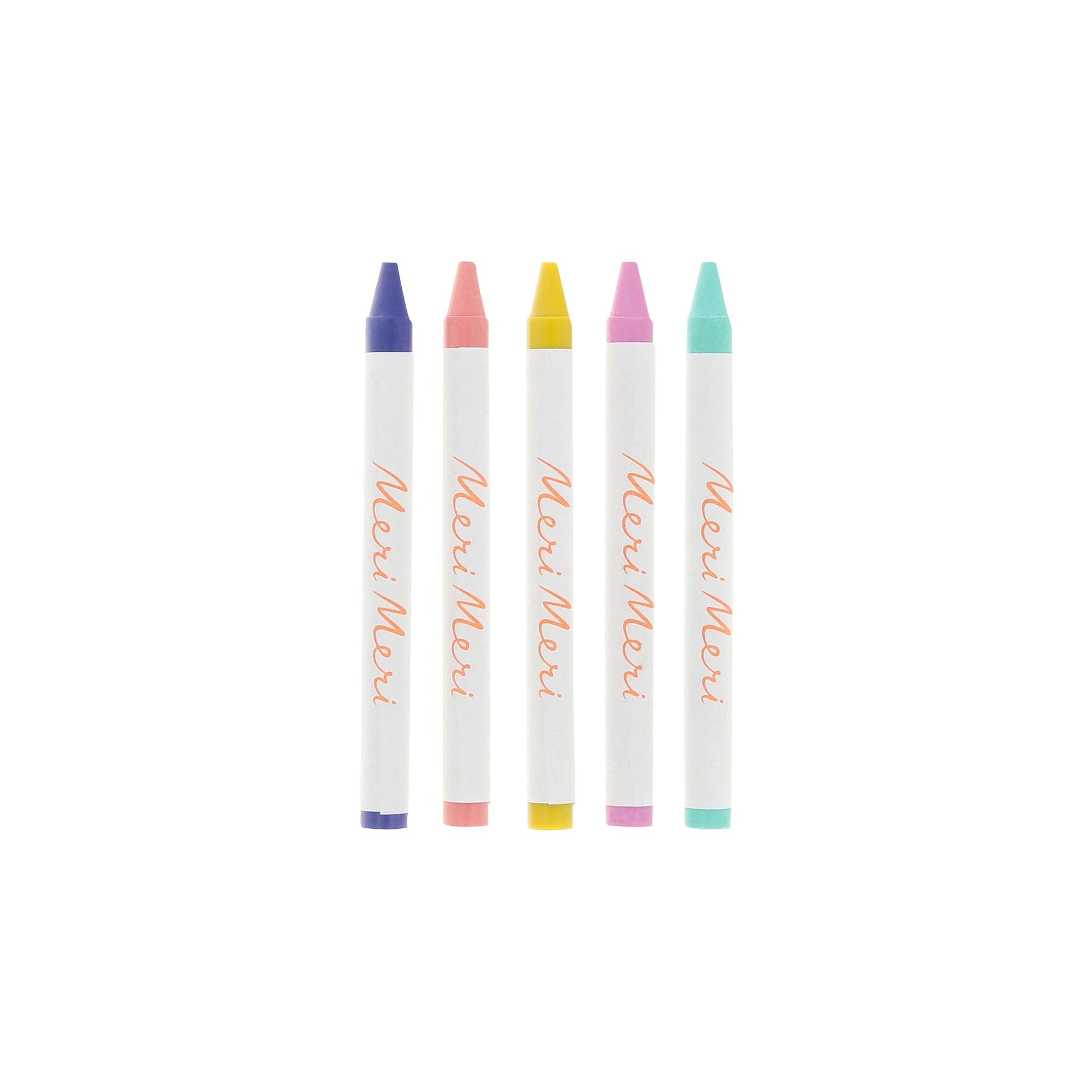 five crayons in blue, peach, yellow, pink, and turquoise on a white background