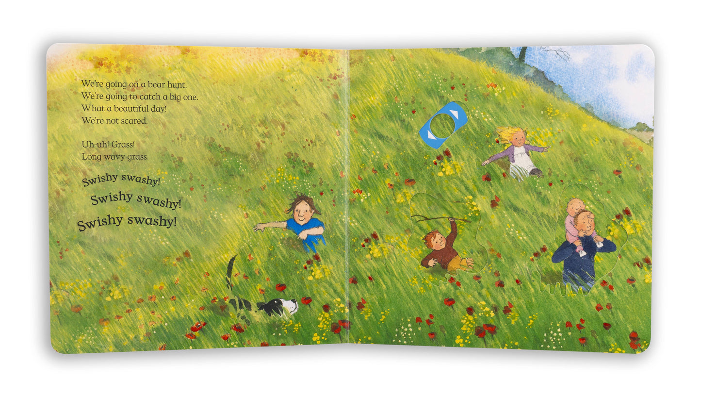Illustrated book page with children playing in a field and text.