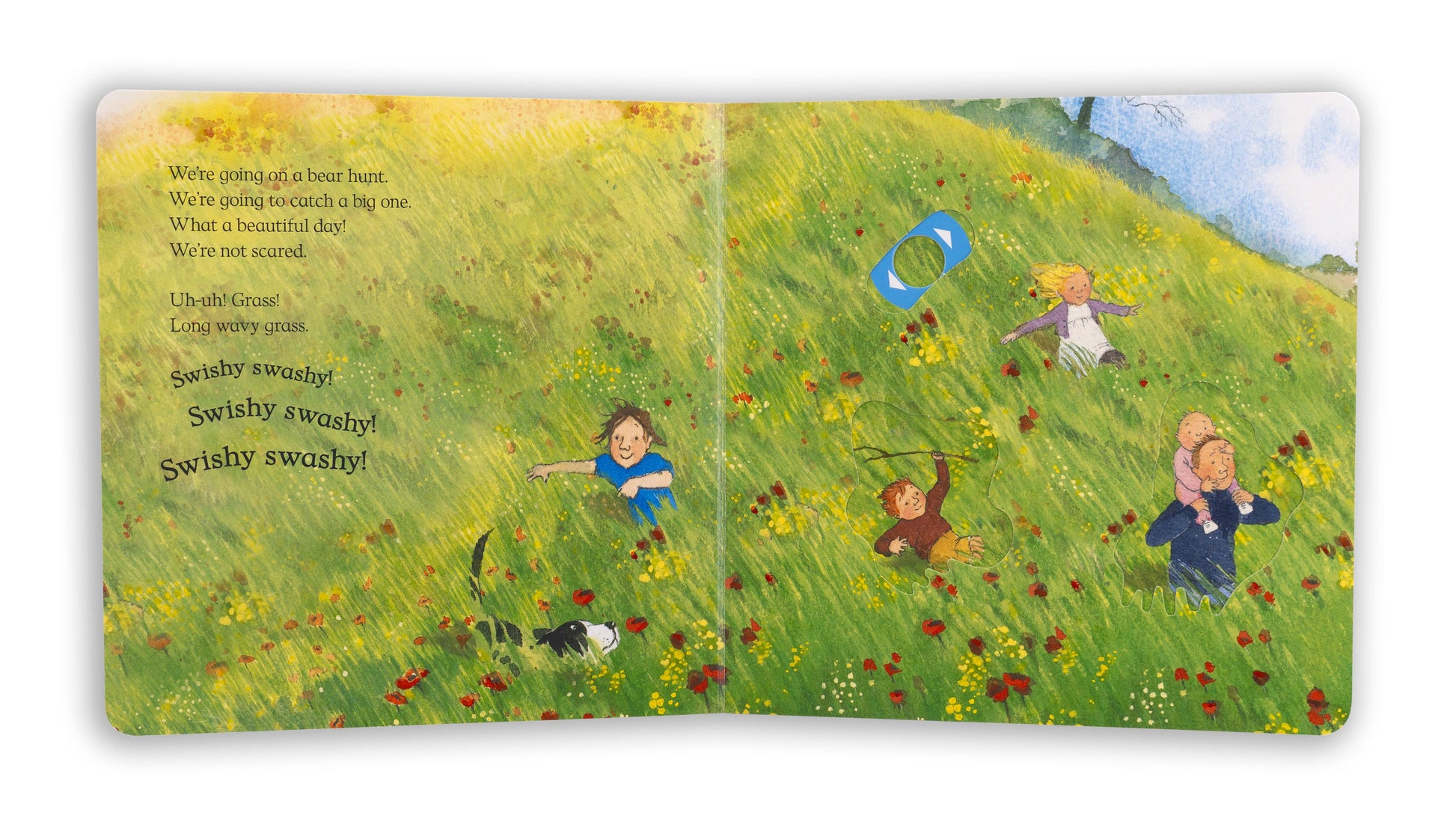 Illustrated book page with children playing in a field and text.