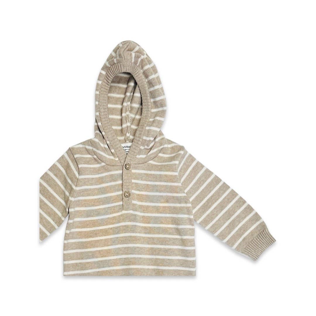 Oat Heather - Stripe Hooded Baby Knit Pullover (Organic)