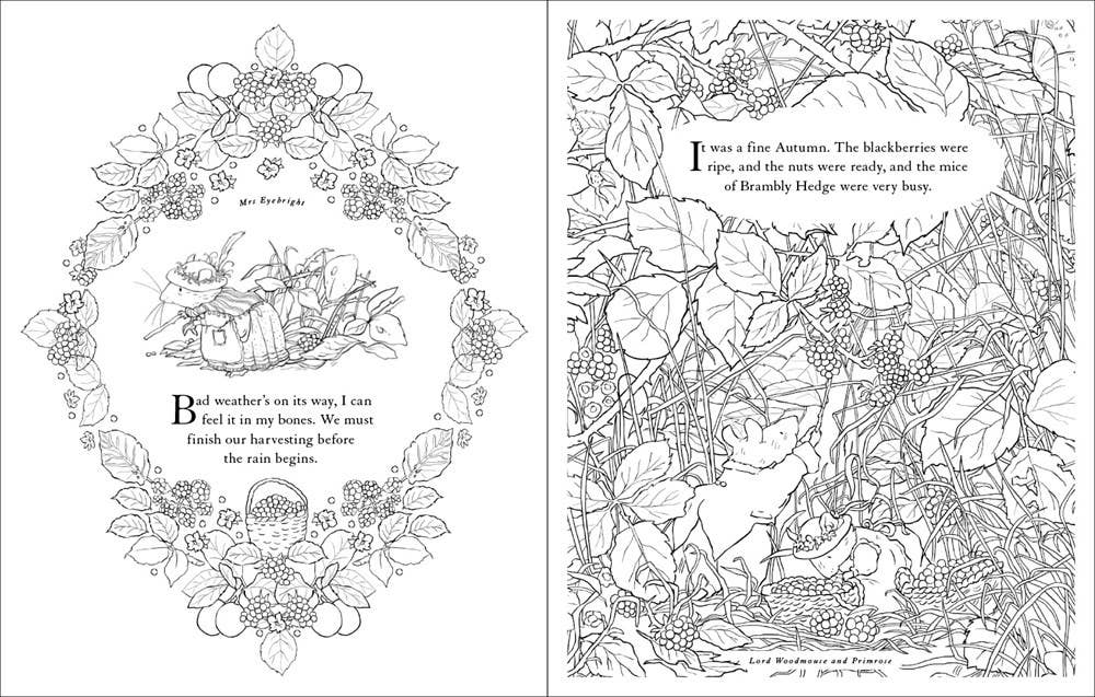 Interior pages of Brambly Hedge Festive Coloring Book