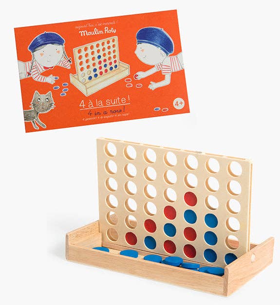 Wooden game board with colored discs and packaging on a white background