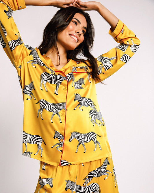 Satin Mustard Zebra Print Long Pajama Set