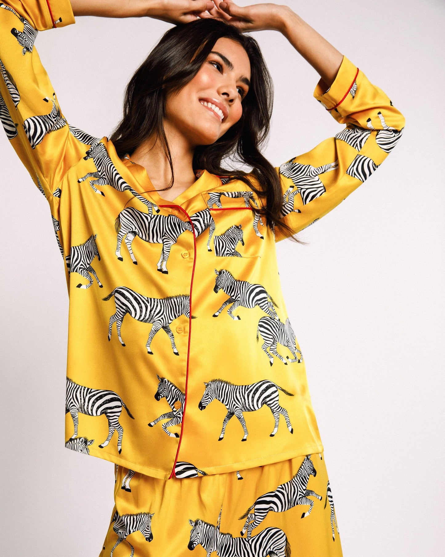 Satin Mustard Zebra Print Long Pajama Set