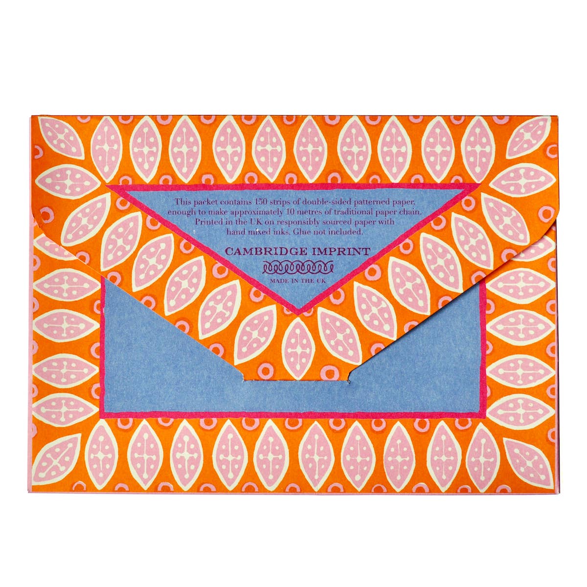 Back of the orange and pink patterned Paperchain 4 wallet with a blue flap and product information.