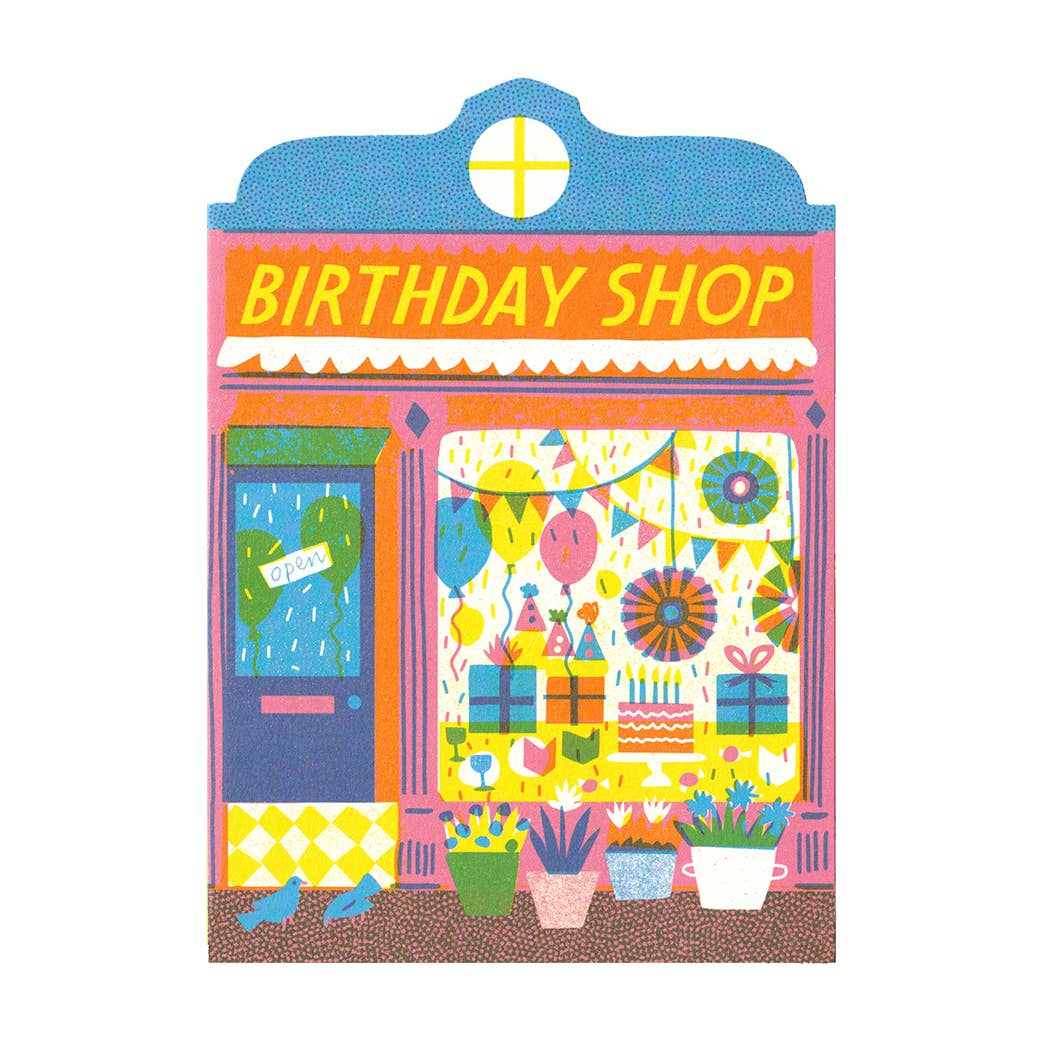 Card with illustration of a shop front with the text Birthday Shop