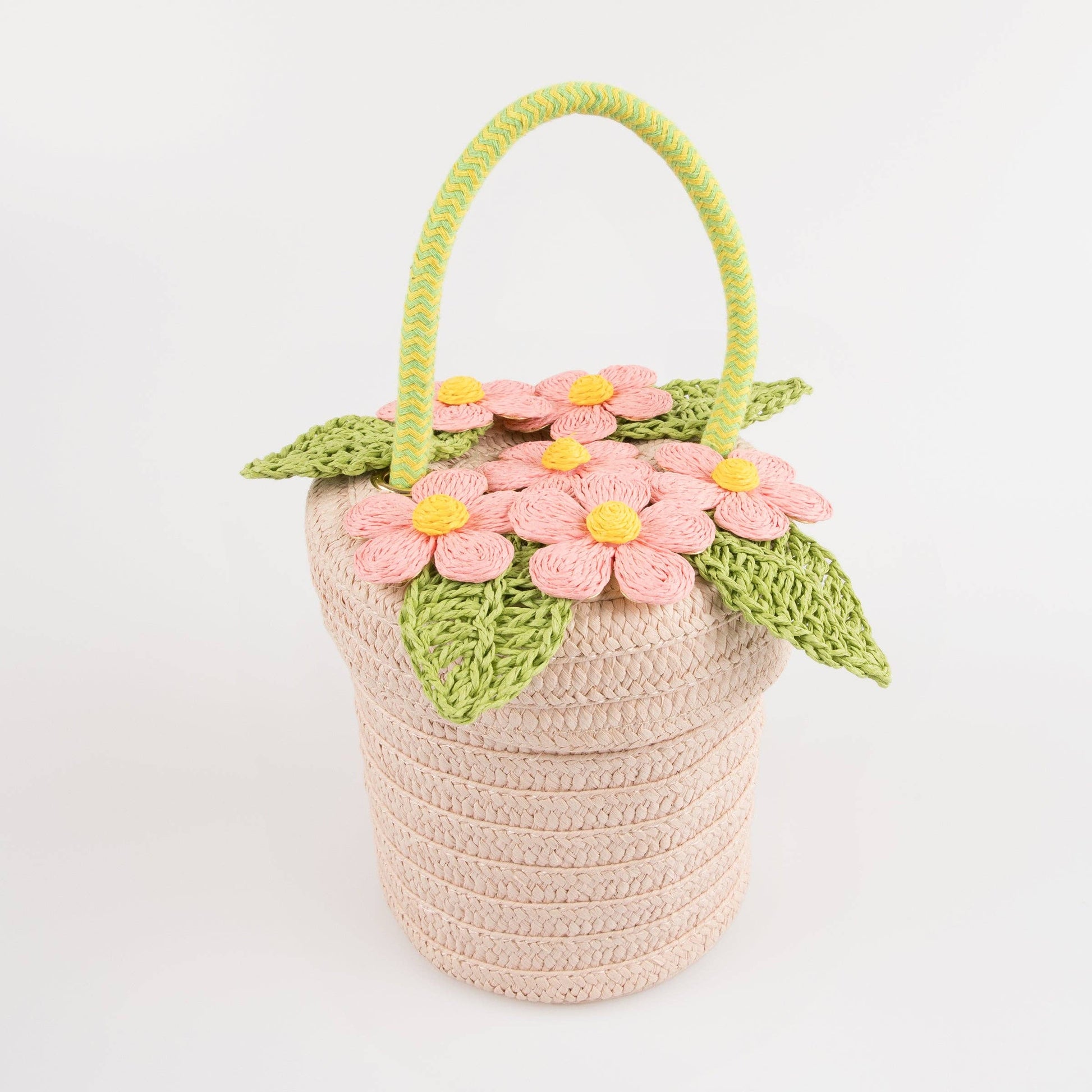 Crocheted basket with floral decorations on a white background
